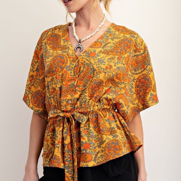 NEW EASEL PAISLEY PRINTED CREPE PEPLUM TOP BLOUSE SMALL BOHO RELAXED FIT - Picture 2 of 7